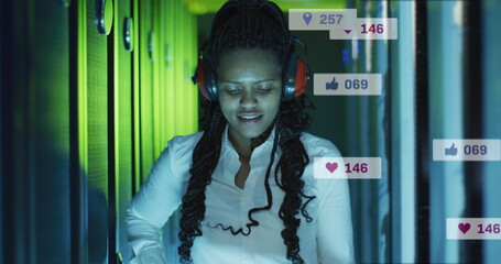 Sticker - Image of icons and numbers over african american female it technician by computer servers