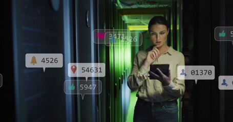 Poster - Image of social media icons over caucasian female engineer using digital tablet at server room