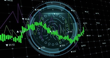 Poster - Image of data processing against cyber security text banner and biometric fingerprint scanner