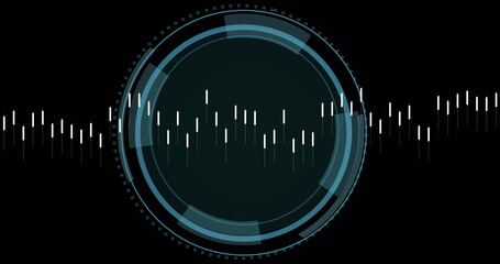 Poster - Image of data processing and security shield icon over spinning round scanner