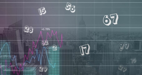 Poster - Image of floating numbers and statistical data processing against aerial view of cityscape
