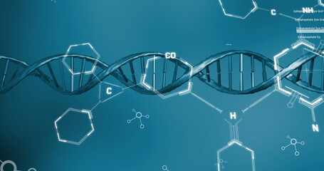 Poster - Image of dna, molecular and chemical structures against blue background