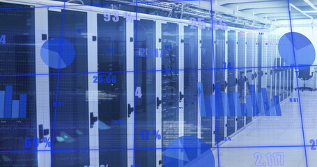 Poster - Image of statistical data processing and light spots against computer server room