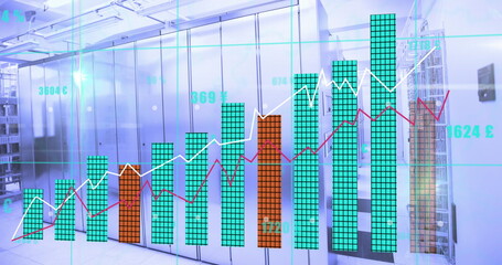 Poster - Image of statistical data processing and light spots against computer server room