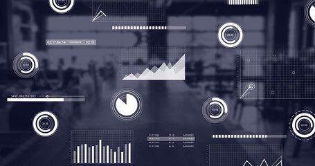Poster - Image of statistical data processing against empty office