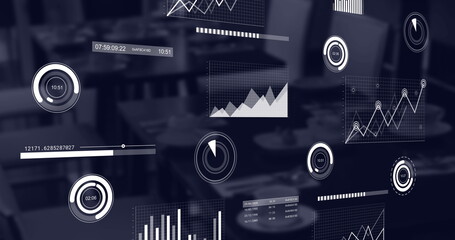 Poster - Image of loading circles, multiple graphs and timer over place setting on dining table