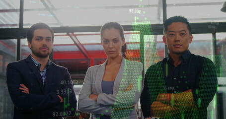 Poster - Image of graphs and numbers moving over confident biracial colleagues standing with arms crossed