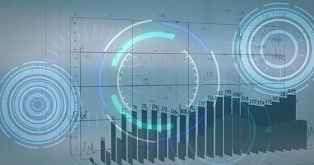 Leinwandbilder - Image of graphs with changing numbers over loading circles against abstract background