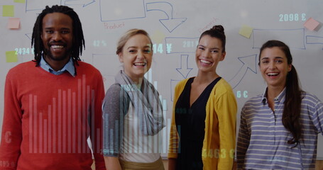 Poster - Image of graph with currency signs and changing numbers over divers happy colleagues in office