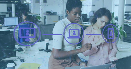 Poster - Image of flowchart of icons and connected dots, diverse female coworkers sharing ideas in office
