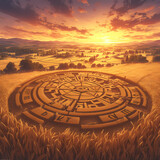 Fototapeta  - Awe-Inspiring Sunrise over Enigmatic Circular Designs in Golden Fields