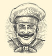 Hand drawn Chef in hat. Portrait of cook. Sketch drawing for cafe and restaurant menu