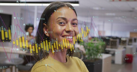 Poster - African American colleague wearing yellow top, standing in office, smiling