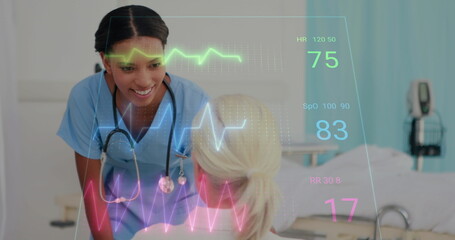 Poster - African American junior staff wearing scrubs is checking patient's vital signs