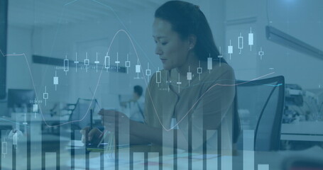 Poster - Asian woman, middle-aged, wearing light blue shirt, analyzing data on computer