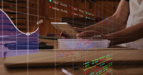 Poster - Caucasian grandmother examining smartphone, financial graphs overlaying screen
