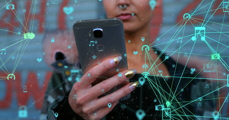 Poster - A young Caucasian professional holding smartphone, digital icons floating around