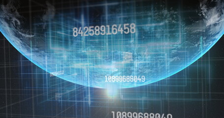Poster - Blue background showing digital globe with numbers and data links
