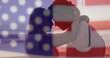 Image of flag of united states of america over happy diverse couple in love on beach