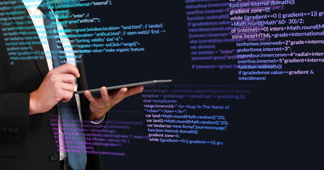 Poster - Image of data processing and caucasian businessman with tablet on black background