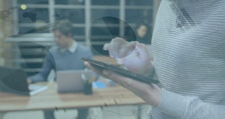 Poster - Image of data processing over caucasian businesswoman with tablet in office