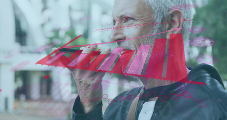 Poster - Image of financial graph over caucasian senior man using smartphone
