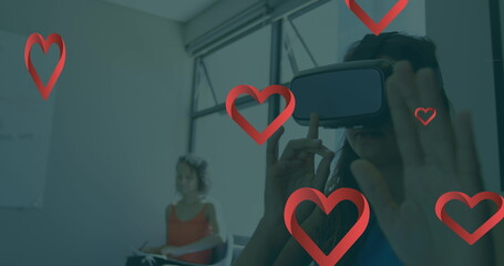 Poster - Image of falling hearts over caucasian woman using vr headset
