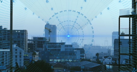 Poster - Image of data processing spinning around blue light spot against aerial view of cityscape