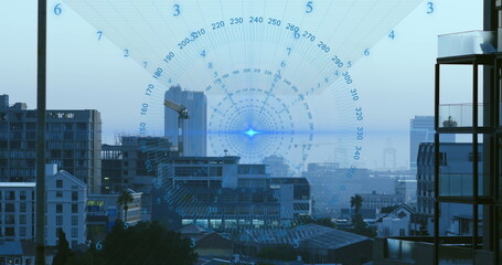 Poster - Image of data processing spinning around blue light spot against aerial view of cityscape