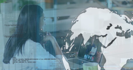 Poster - image of data processing and globe over biracial woman using laptop