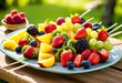 vibrant fruit kabobs platter ideal summer picnic, colorful, fresh, healthy, delicious, assortment, skewers, outdoors, sweet, tropical, juicy, appetizing