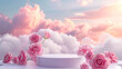 3d rendering empty podium with pink rose flower background for product presentation, mock up studio scene. pastel sky and clouds background. all focus