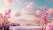 3d render podium with pink rose flower background for product presentation display mockup, empty space for text or design. Romantic scene with pastel sky and clouds