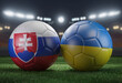 Two soccer balls in flags colors on a stadium blurred background. Group E. Slovakia and Ukraine. 3D image.