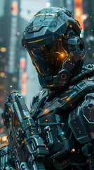 Canvas Print - Soldier Equipped with Advanced Cybernetic Enhancements and Neural-Linked Weaponry Engaged in High-Stakes Confrontation Against Dystopian Metropolis