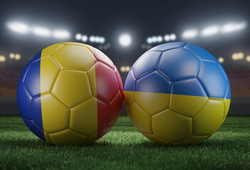 Wall Mural - Two soccer balls in flags colors on a stadium blurred background. Group E. Romania and Ukraine. 3D image.