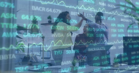Poster - Image of stock market over diverse business people