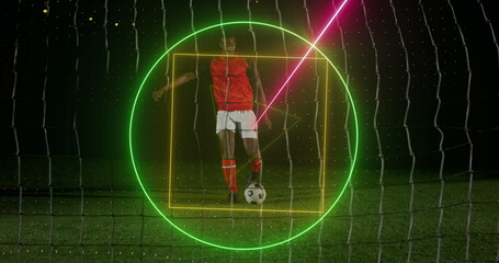 Poster - Image of neon geometrical shapes rotating over african american male soccer player
