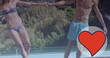 Image of heart icon over caucasian couple in love holding hands by pool