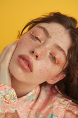 Wall Mural - A close-up portrait of a young woman with freckles and a thoughtful expression, showcasing delicate makeup and a colorful blouse against a yellow background