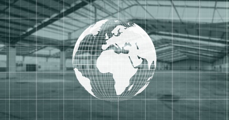 Poster - Image of red line graphs moving on globe with grids against building interior
