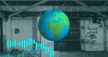 Poster - Image of graphs, grids with icons moving on blue globe against old building interior
