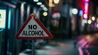 © aicandy - A vibrant nighttime cityscape prominently featuring a 'No Alcohol' sign set against a backdrop of colorful, blurred street lights