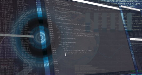 Poster - Image of interface with data processing over round scanner and spinning globe on blue background