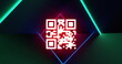 Image of qr code scanner over neon light trails in seamless pattern against black background