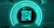 Image of qr code in circular tunnel and programming language against black background