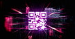 Image of qr code in rhombus pattern and programming language over abstract background