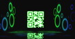 Image of flickering neon green qr code scanner and circular shapes against black background