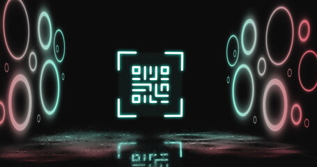 Poster - Image of flickering neon qr code scanner and circular shapes against black background
