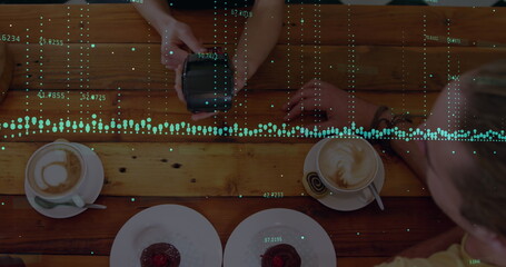 Poster - Image of financial data processing with statistics over woman holding payment terminal